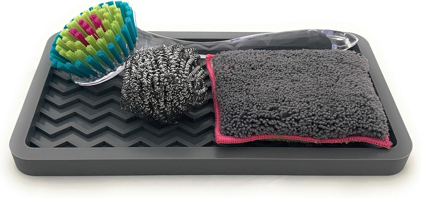 Happitasa Silicone Kitchen Sink Organizer Tray, Sponge Holder and Countertop Protector | Bathroom and Kitchen Soap Dish and Dispenser Tray (Grey, 10" X 5.25", 10.3 Ounces)