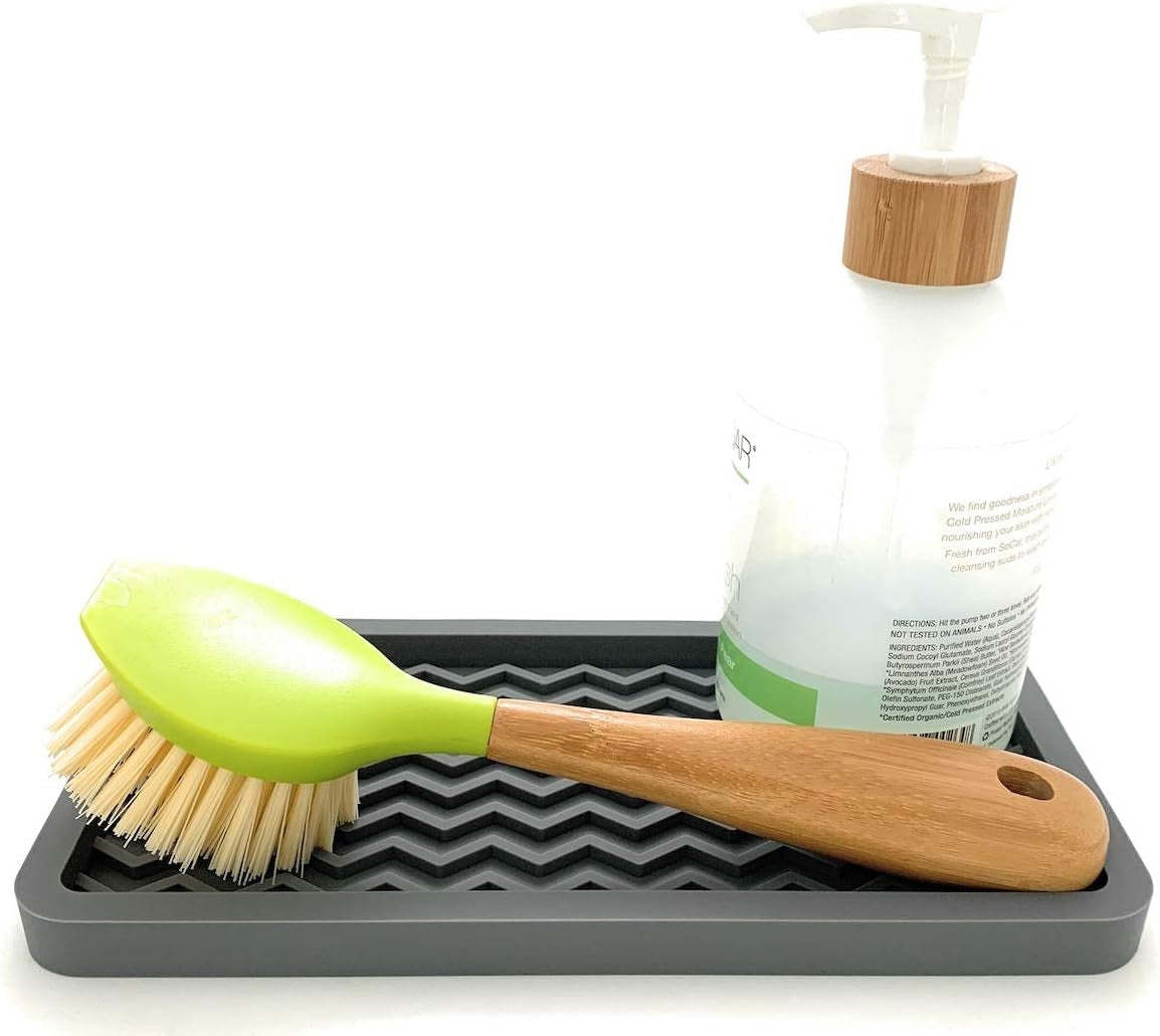 Happitasa Silicone Kitchen Sink Organizer Tray, Sponge Holder and Countertop Protector | Bathroom and Kitchen Soap Dish and Dispenser Tray (Grey, 10" X 5.25", 10.3 Ounces)