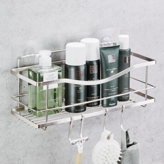 Premium Shower Caddy - Adhesive Bathroom Shower Organizer and Storage W/ 4 Hooks, No Drill Shower Shelves for inside Shower, Rustproof Stainless Steel Shower Rack, Accessories Holder, Silver