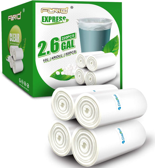 Clear Small Trash Bags, 2.6 Gallon Garbage Bags, Wastebasket Bin Liners 220 Count Plastic Trash Bags for Bathroom Bedroom Office Garbage Can 10 Liters - Durable & Thick Trash Bag